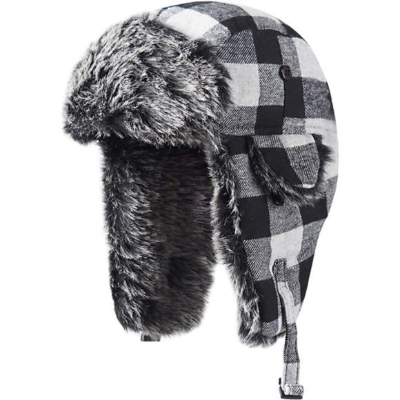 Trapper Hat Winter Hats for Men with Faux Fur Ear Flaps Black